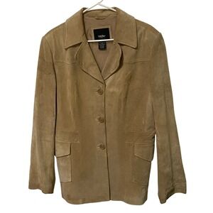 Womens Suede Leather Coat Jacket L Camel Tan Bohemian Chic Western Americana